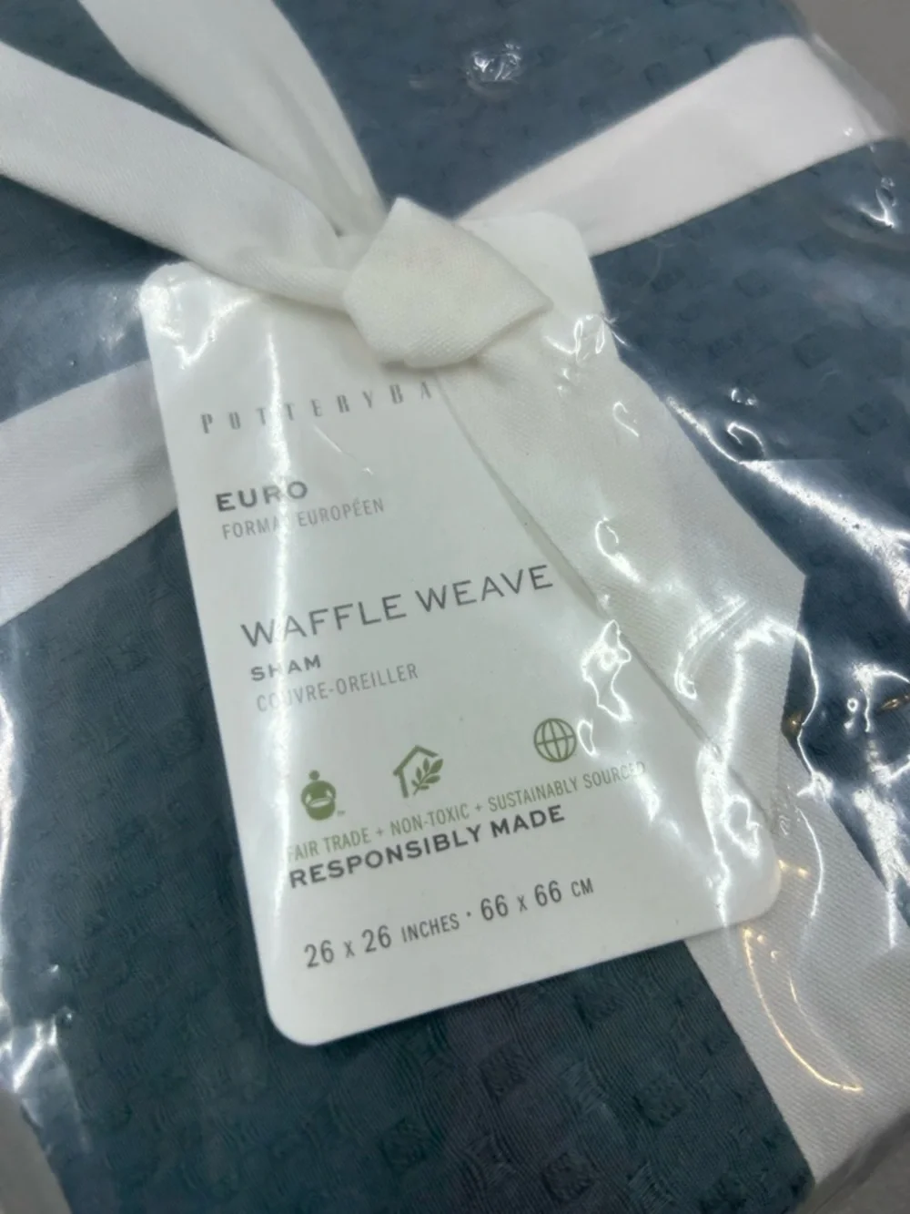 Pottery Barn Waffle Weave Honeycomb Cotton Comforter Euro Pillow Sham Steel Blue